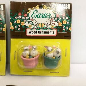 bunnies in baskets spring easter decor vintage 90s wood painted ornaments
